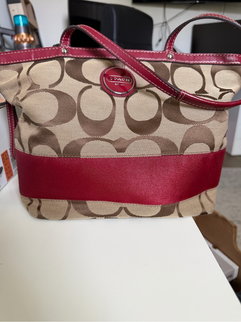 Coach Beige Signature Canvas Tote with Red Trim